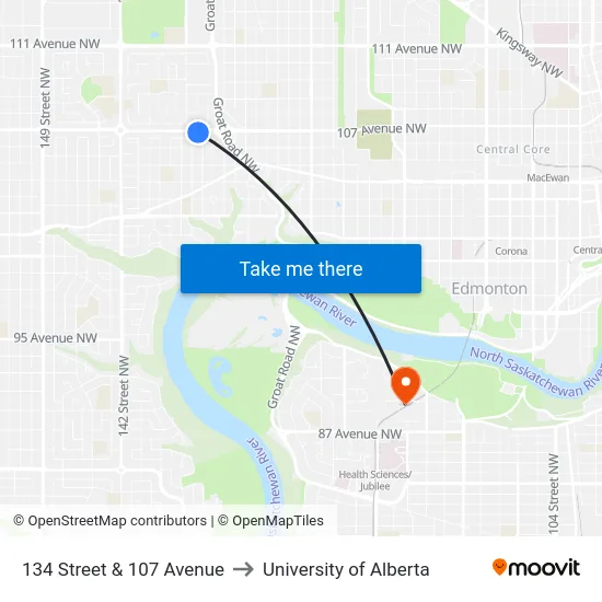 134 Street & 107 Avenue to University of Alberta map