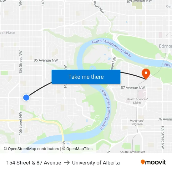 154 Street & 87 Avenue to University of Alberta map