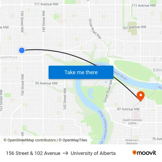 156 Street & 102 Avenue to University of Alberta map