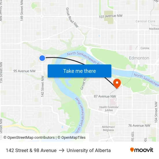 142 Street & 98 Avenue to University of Alberta map