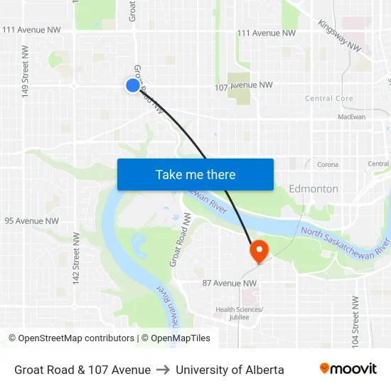 Groat Road & 107 Avenue to University of Alberta map
