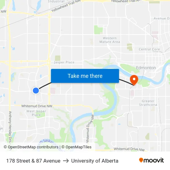 178 Street & 87 Avenue to University of Alberta map