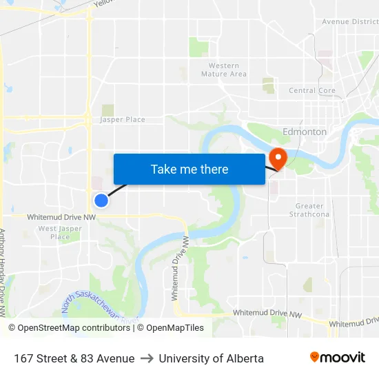 167 Street & 83 Avenue to University of Alberta map