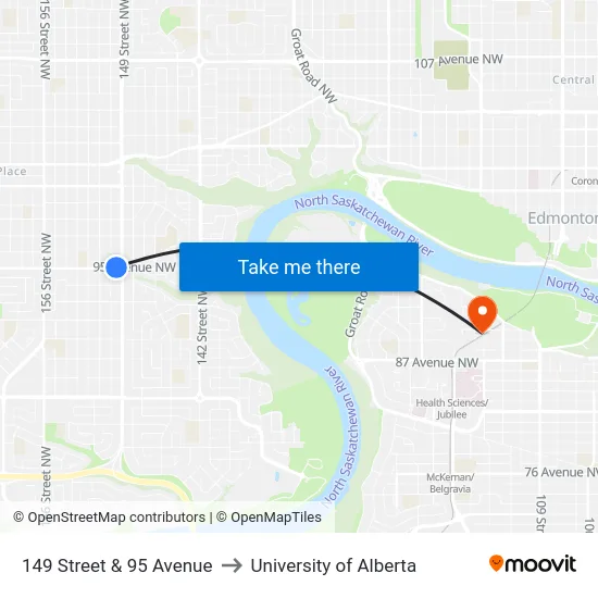 149 Street & 95 Avenue to University of Alberta map
