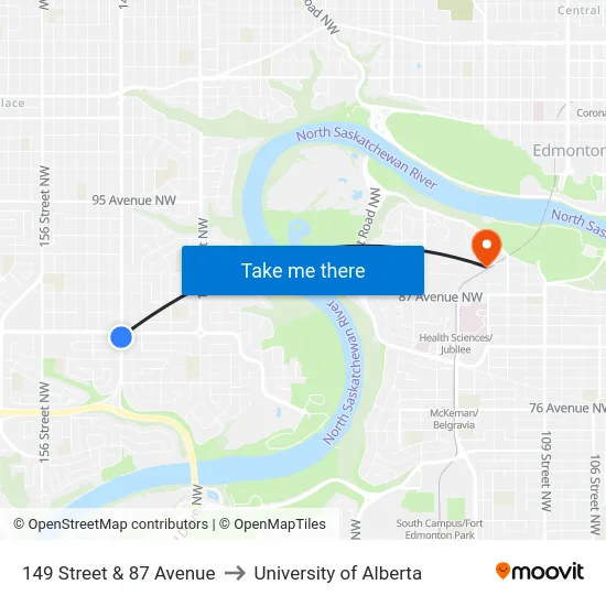 149 Street & 87 Avenue to University of Alberta map