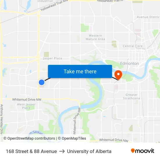 168 Street & 88 Avenue to University of Alberta map