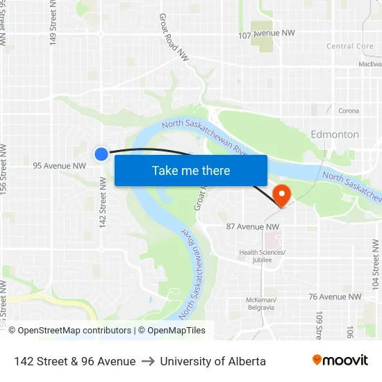 142 Street & 96 Avenue to University of Alberta map