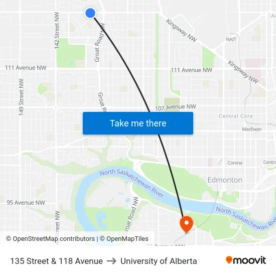 135 Street & 118 Avenue to University of Alberta map