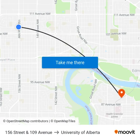 156 Street & 109 Avenue to University of Alberta map
