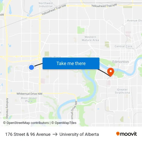 176 Street & 96 Avenue to University of Alberta map