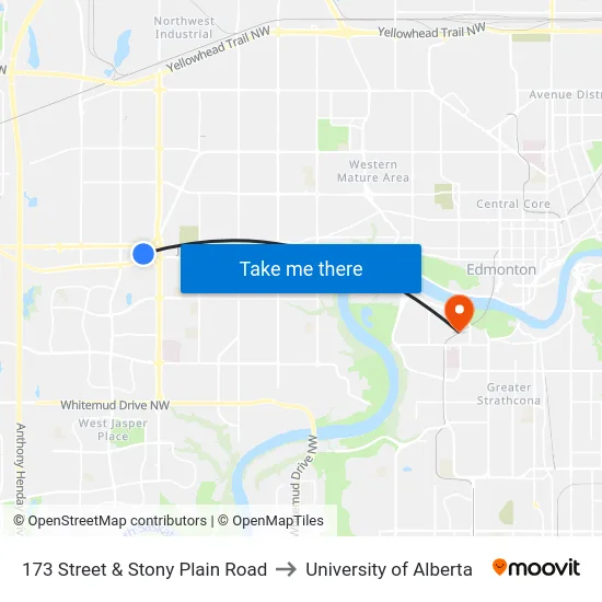 173 Street & Stony Plain Road to University of Alberta map