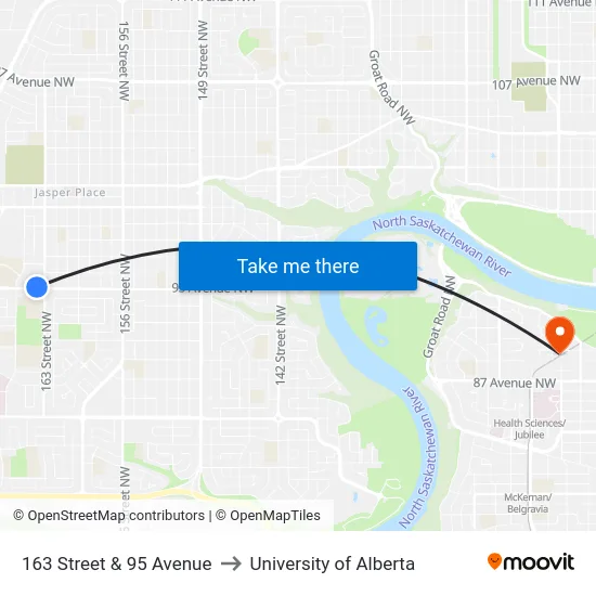 163 Street & 95 Avenue to University of Alberta map