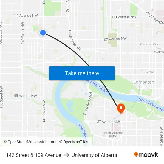 142 Street & 109 Avenue to University of Alberta map