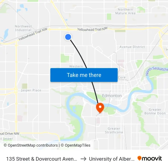 135 Street & Dovercourt Avenue to University of Alberta map