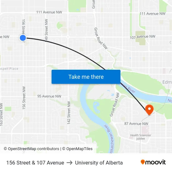 156 Street & 107 Avenue to University of Alberta map