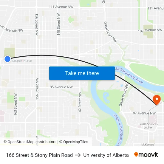 166 Street & Stony Plain Road to University of Alberta map