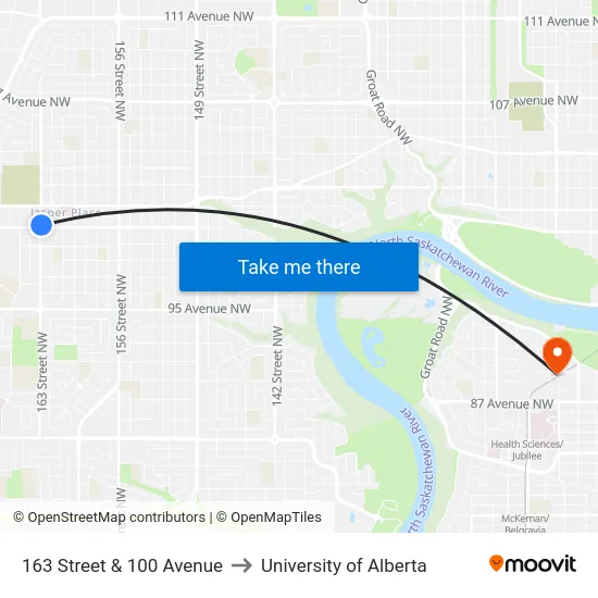 163 Street & 100 Avenue to University of Alberta map