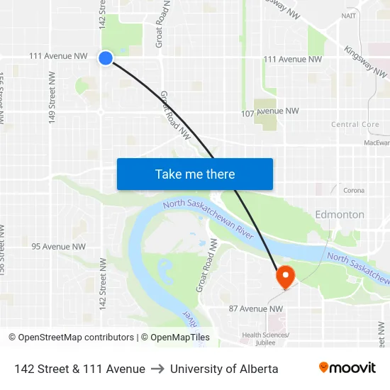 142 Street & 111 Avenue to University of Alberta map
