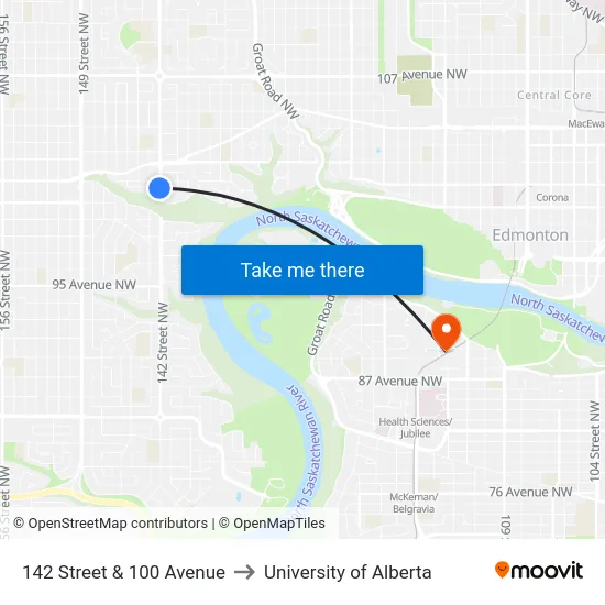 142 Street & 100 Avenue to University of Alberta map