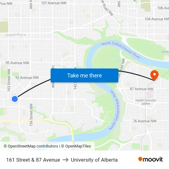 161 Street & 87 Avenue to University of Alberta map