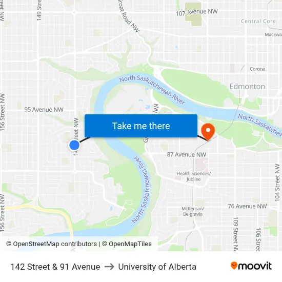 142 Street & 91 Avenue to University of Alberta map