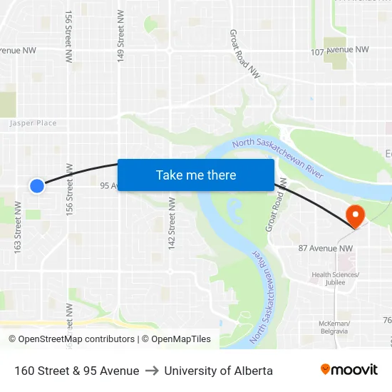 160 Street & 95 Avenue to University of Alberta map