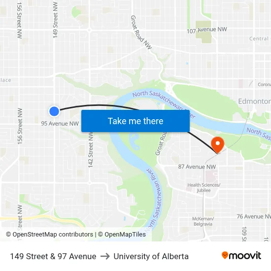 149 Street & 97 Avenue to University of Alberta map