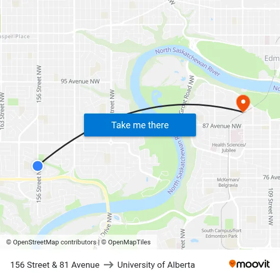 156 Street & 81 Avenue to University of Alberta map