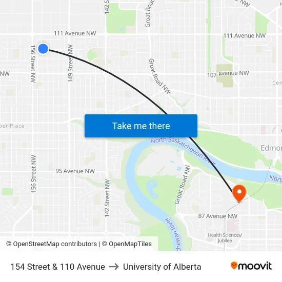 154 Street & 110 Avenue to University of Alberta map
