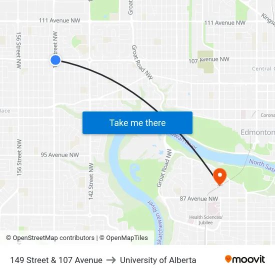 149 Street & 107 Avenue to University of Alberta map
