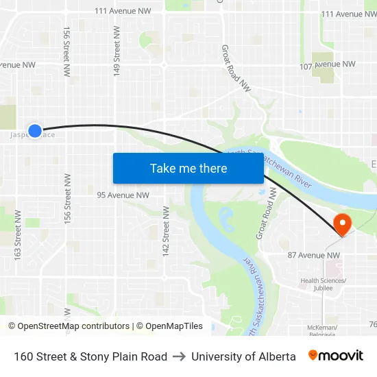 160 Street & Stony Plain Road to University of Alberta map