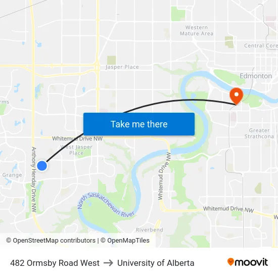 482 Ormsby Road West to University of Alberta map