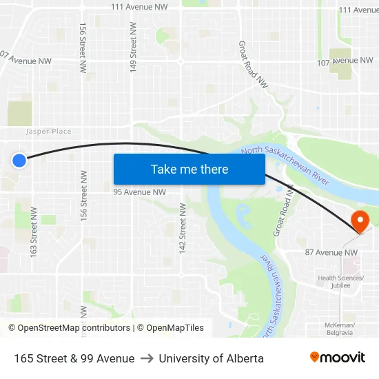 165 Street & 99 Avenue to University of Alberta map
