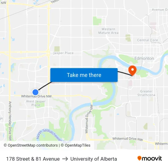 178 Street & 81 Avenue to University of Alberta map