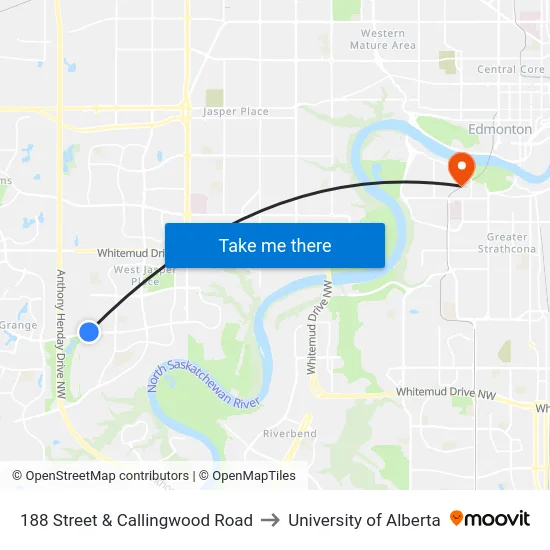 188 Street & Callingwood Road to University of Alberta map