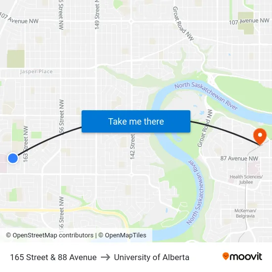 165 Street & 88 Avenue to University of Alberta map