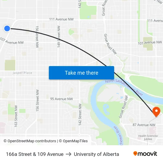 166a Street & 109 Avenue to University of Alberta map