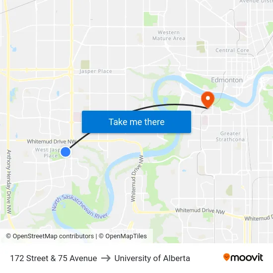 172 Street & 75 Avenue to University of Alberta map