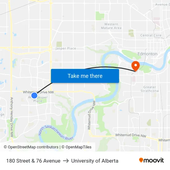 180 Street & 76 Avenue to University of Alberta map