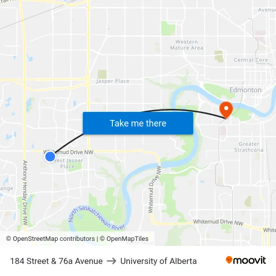 184 Street & 76a Avenue to University of Alberta map