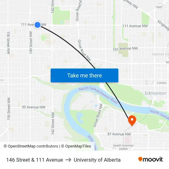 146 Street & 111 Avenue to University of Alberta map