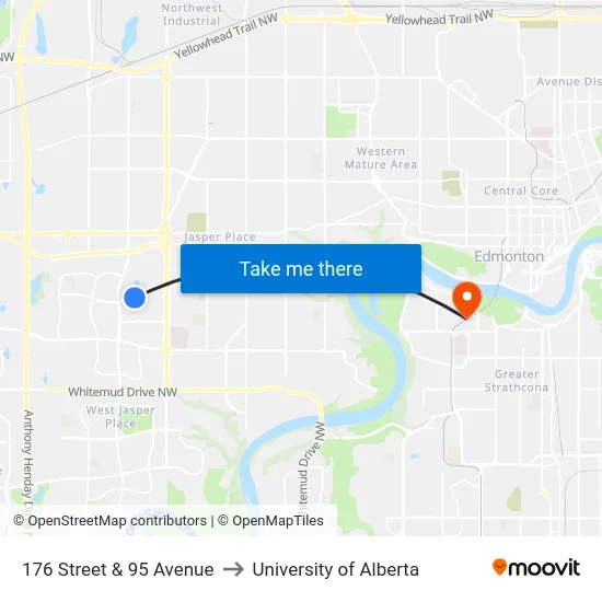 176 Street & 95 Avenue to University of Alberta map