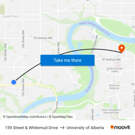 159 Street & Whitemud Drive to University of Alberta map