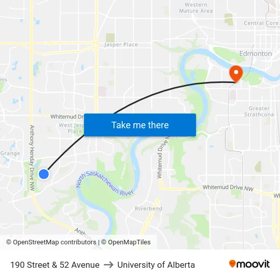 190 Street & 52 Avenue to University of Alberta map