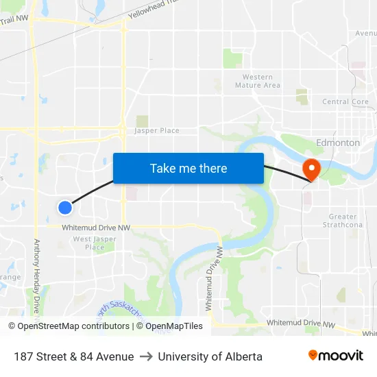 187 Street & 84 Avenue to University of Alberta map