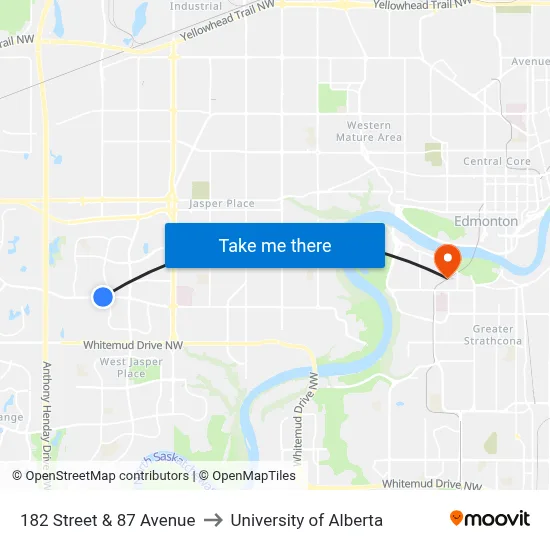 182 Street & 87 Avenue to University of Alberta map