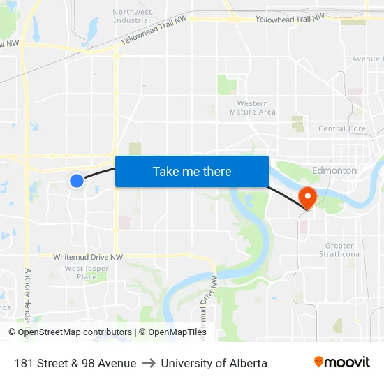 181 Street & 98 Avenue to University of Alberta map