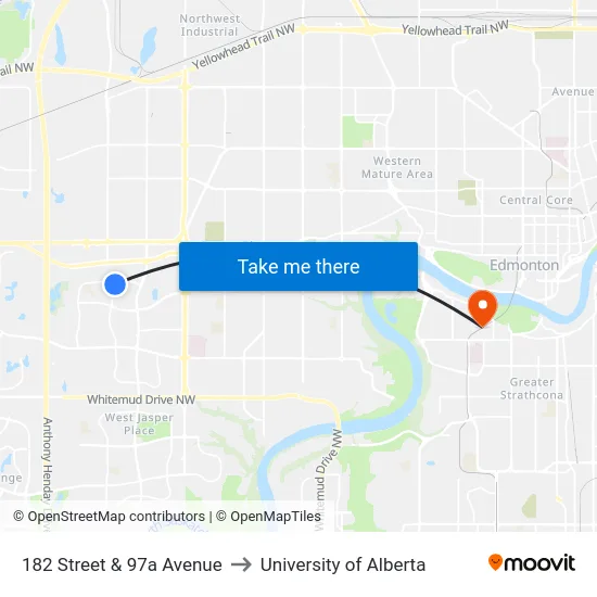 182 Street & 97a Avenue to University of Alberta map