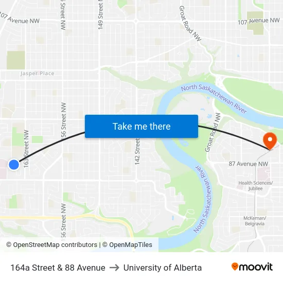 164a Street & 88 Avenue to University of Alberta map