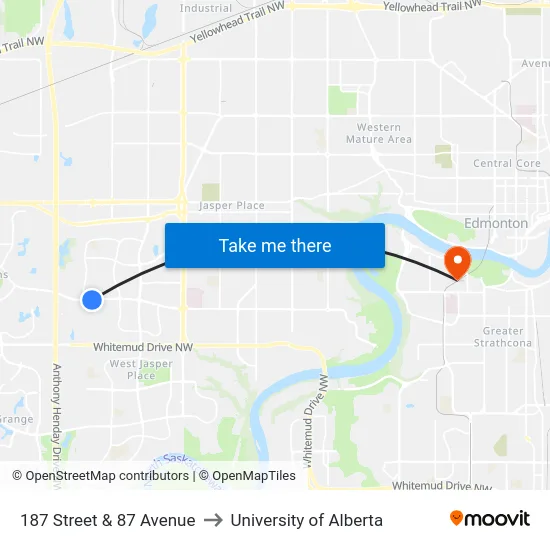 187 Street & 87 Avenue to University of Alberta map